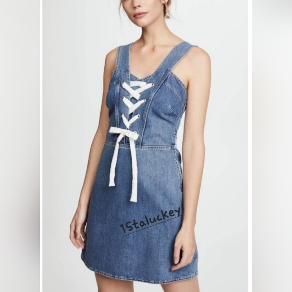 PAIGE Tula Front Lace-up Denim Dress sz Large - Picture 2 of 8